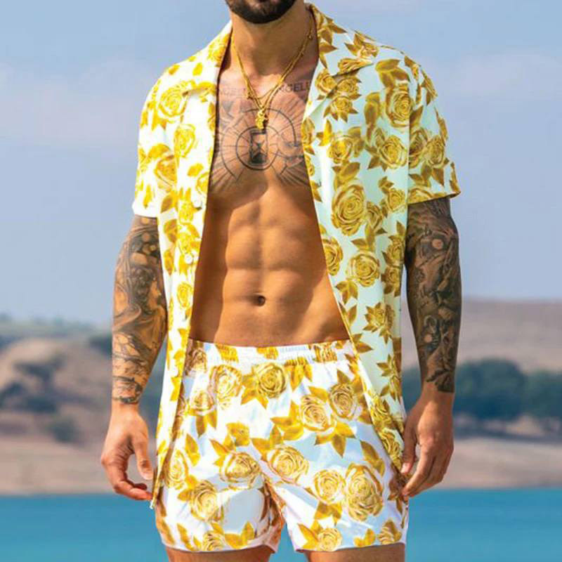 Men's shirt casual loose short-sleeved shorts beach suit 4 01