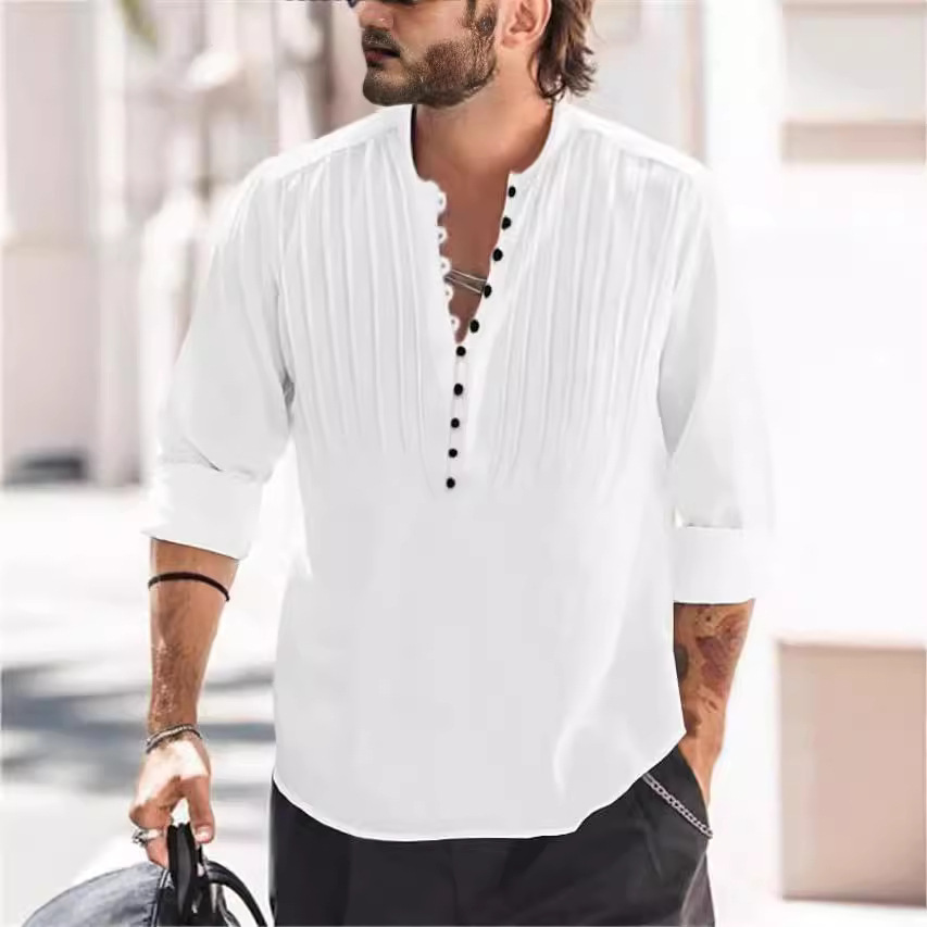 Cotton and Linen Pleated Slim Fit Long Sleeve Shirt 32 01
