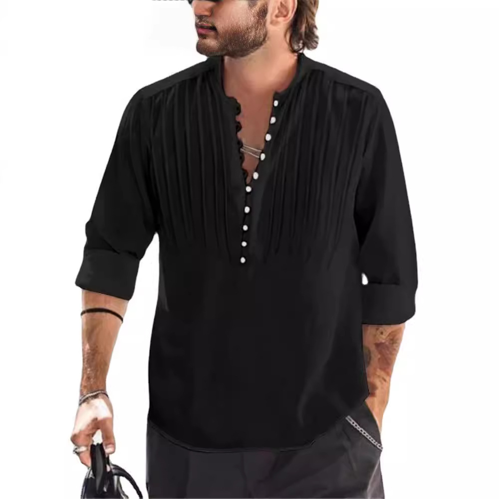 Cotton and Linen Pleated Slim Fit Long Sleeve Shirt 32 02