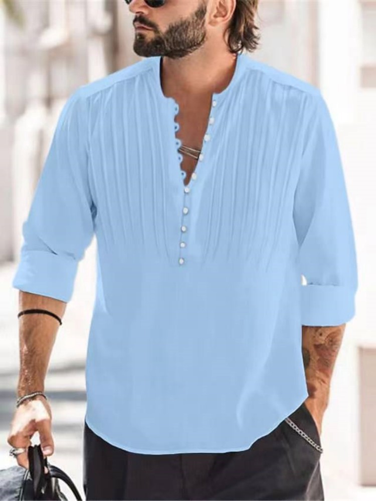 Cotton and Linen Pleated Slim Fit Long Sleeve Shirt 32
