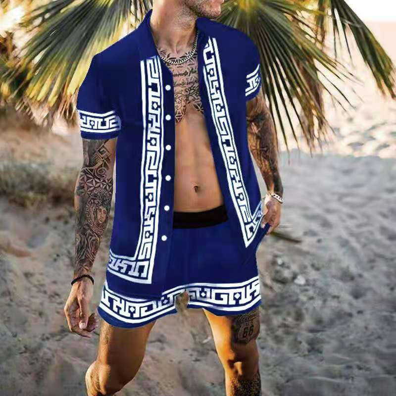 Men's shirt casual loose short-sleeved shorts beach suit 4 02