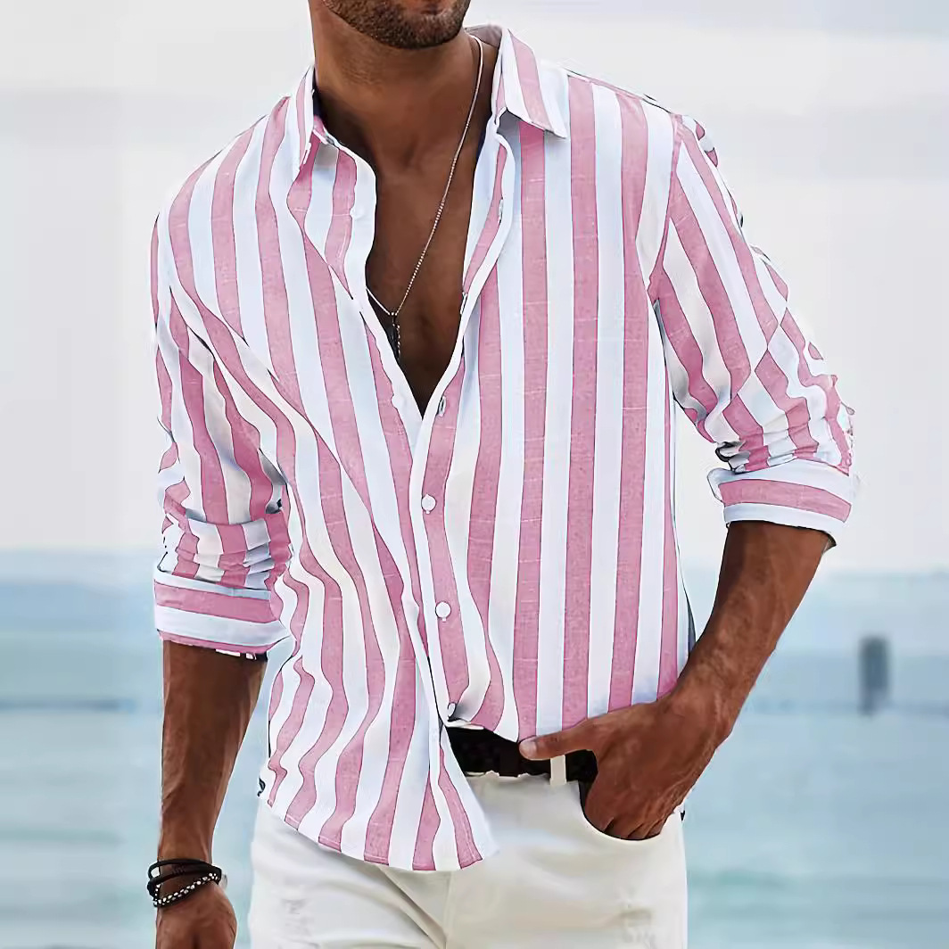 Men's Striped Cotton and Linen Casual Shirt 40