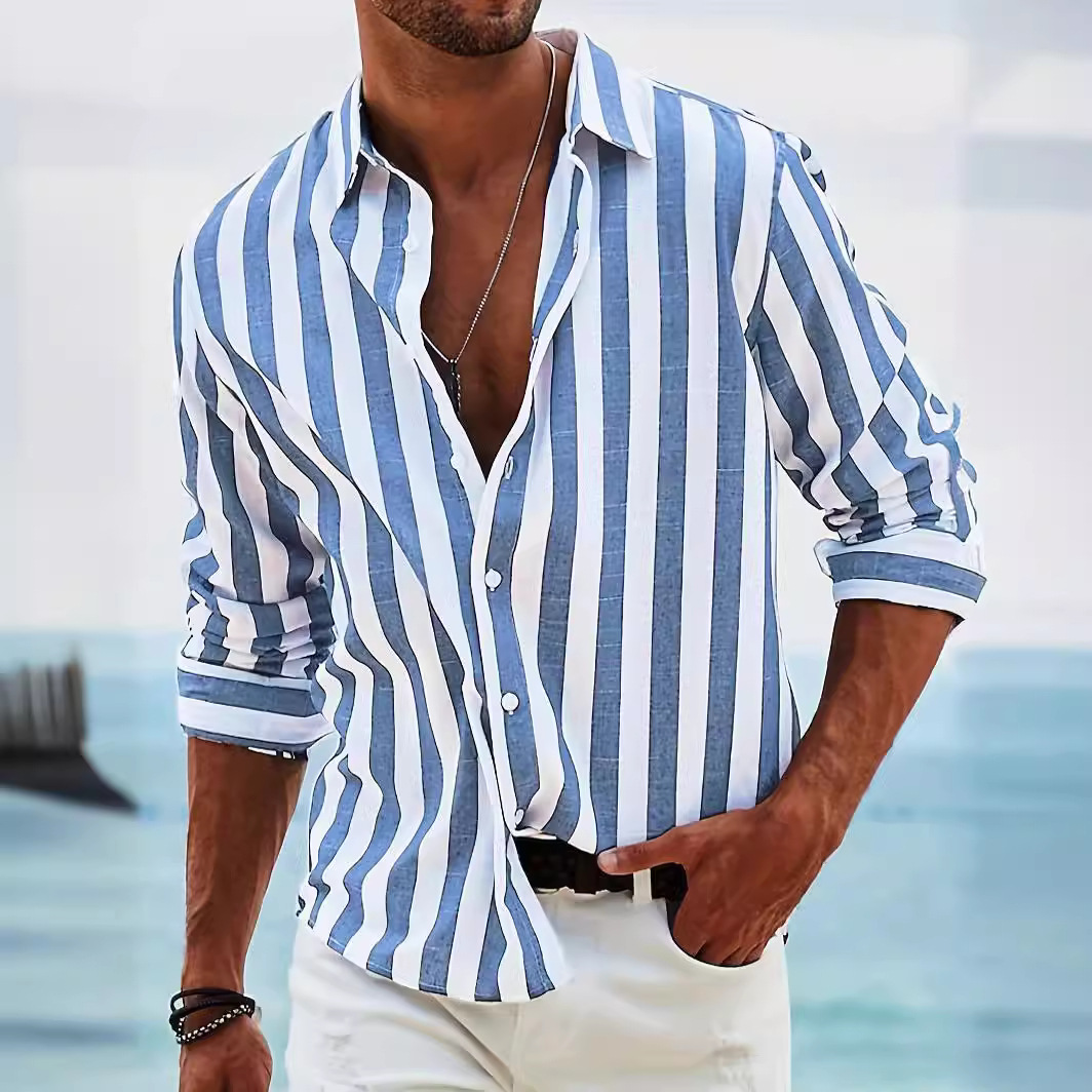 Men's Striped Cotton and Linen Casual Shirt 40 01