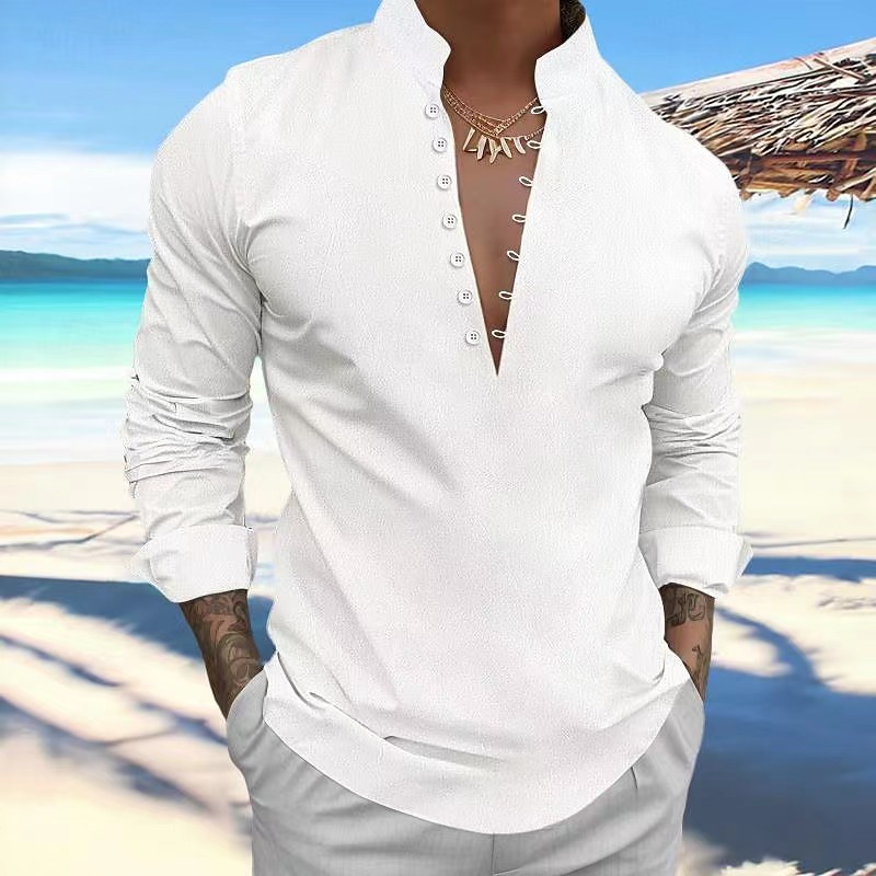 Men's Vintage Cotton and Linen Stand Collar Shirt 34 02