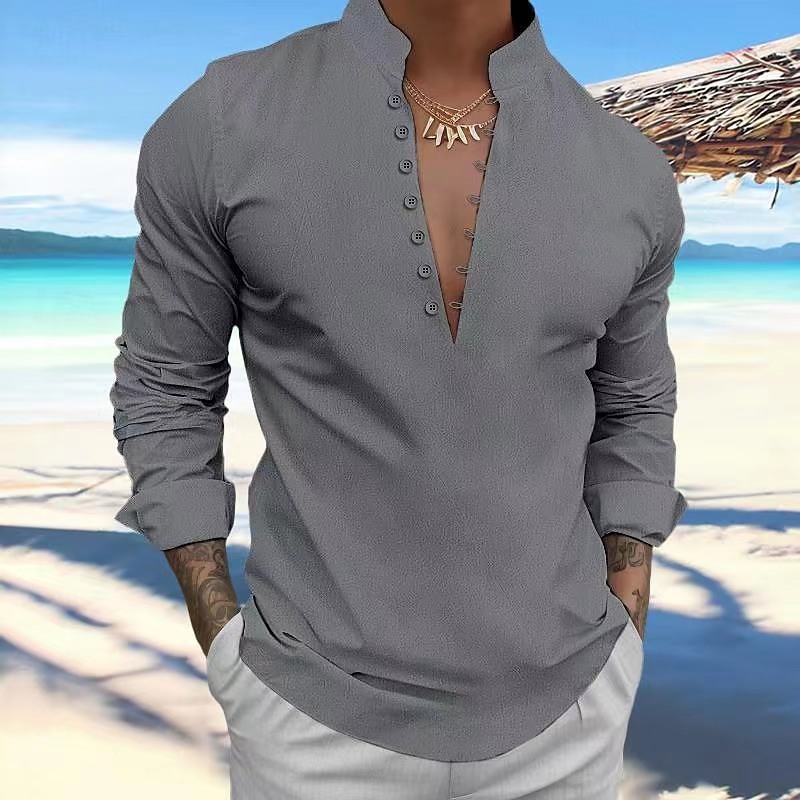 Men's Vintage Cotton and Linen Stand Collar Shirt 34