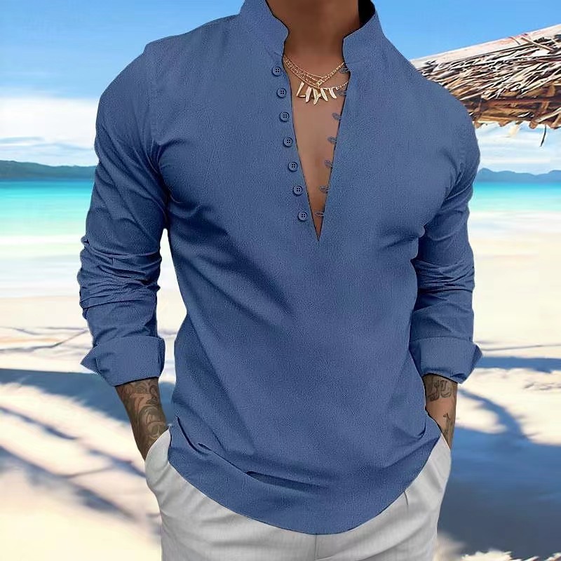 Men's Vintage Cotton and Linen Stand Collar Shirt 34 01
