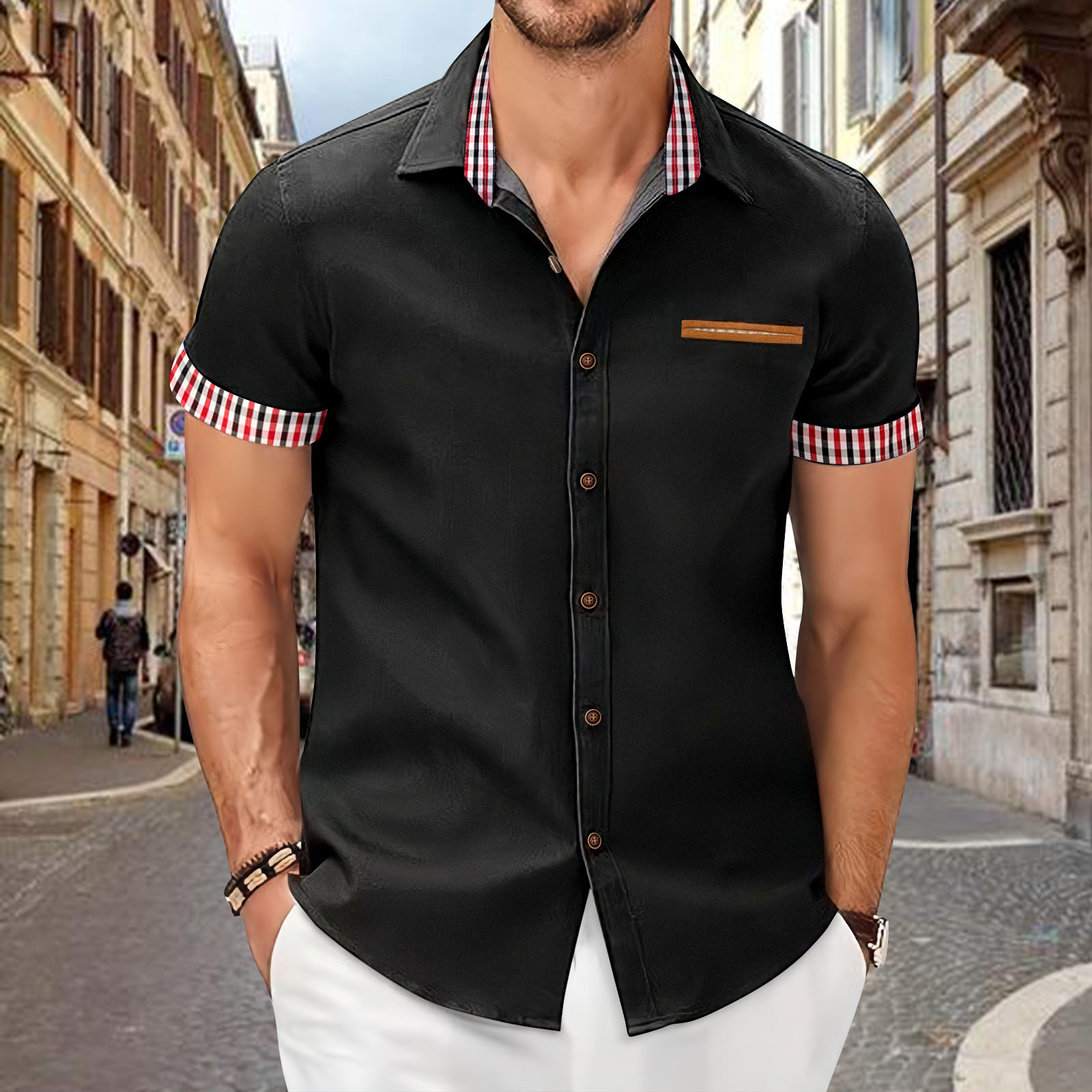 Men's Plaid Colorblock Short Sleeve Business Slim Shirt 45