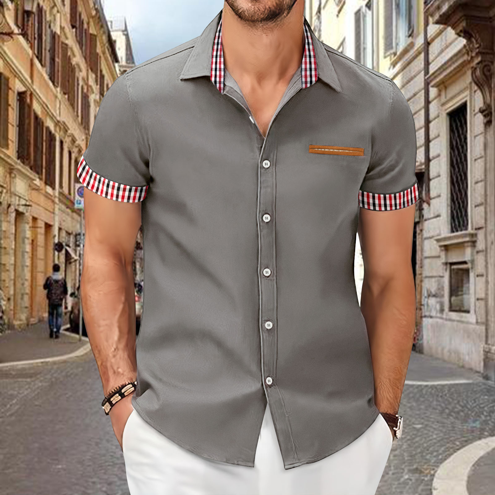 Men's Plaid Colorblock Short Sleeve Business Slim Shirt 45