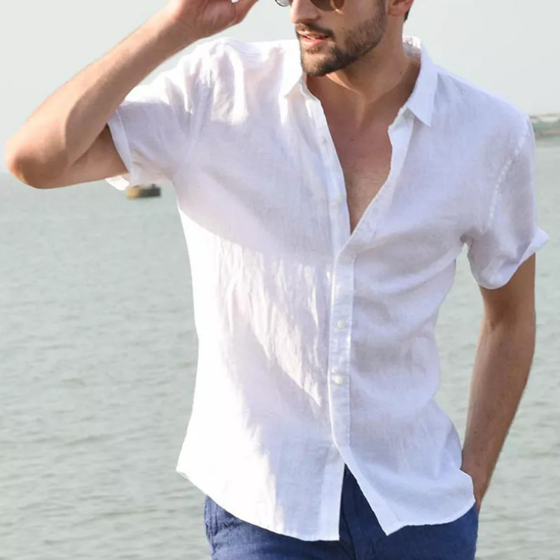 Men's short-sleeved casual cardigan solid color shirt 43