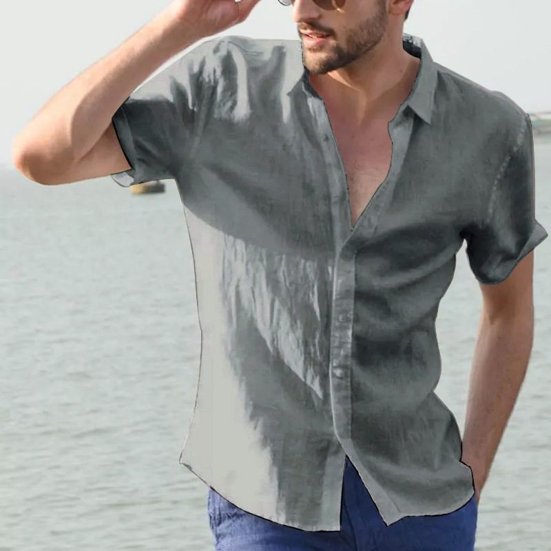 Men's short-sleeved casual cardigan solid color shirt 43