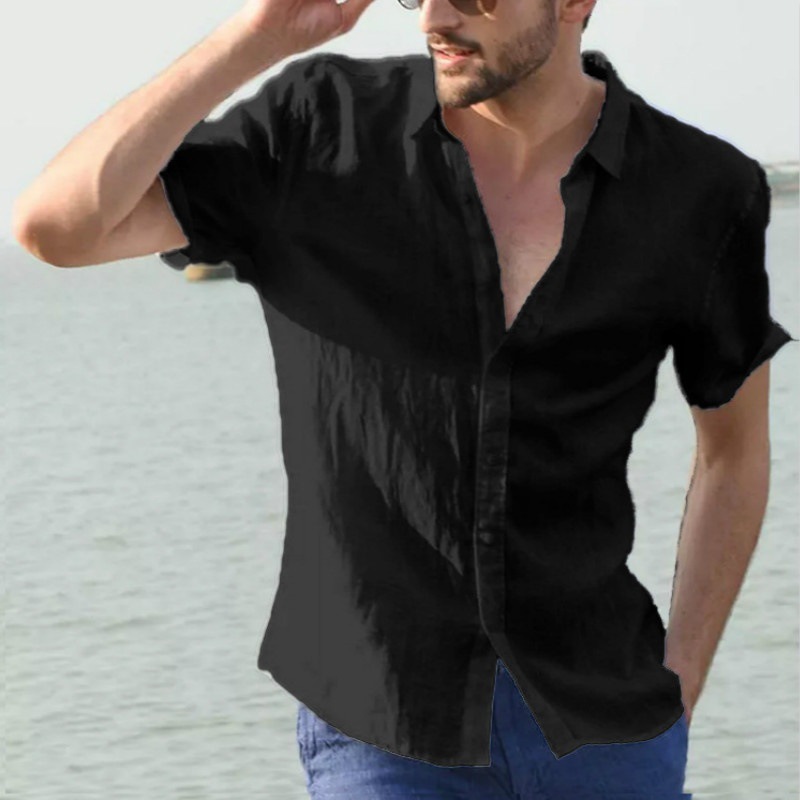 Men's short-sleeved casual cardigan solid color shirt 43