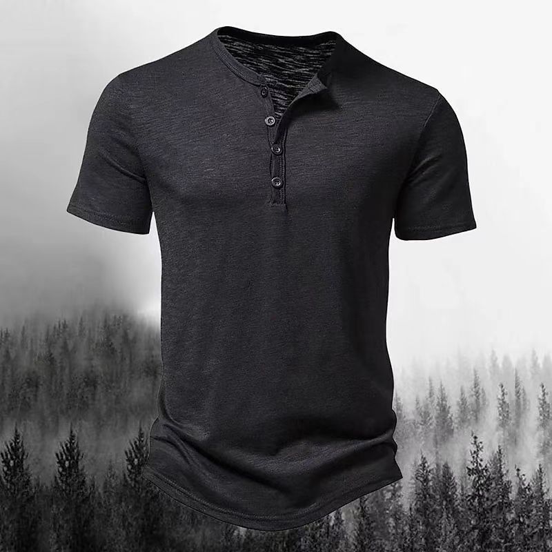 Men's solid color henley collar t-shirt polo shirt 58