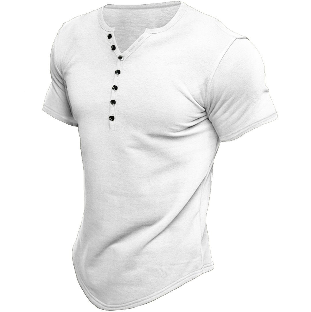 New Summer Men's Henley Shirt Short Sleeve Solid Color 49 02