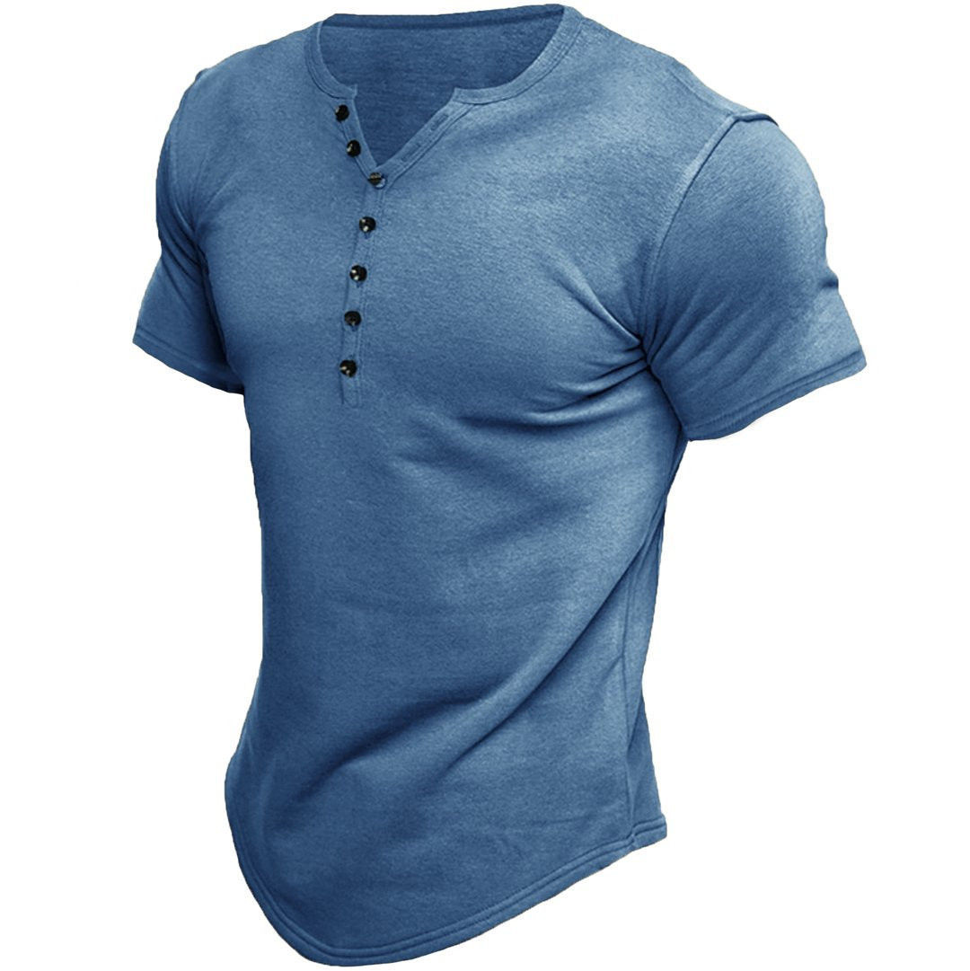 New Summer Men's Henley Shirt Short Sleeve Solid Color 49 01